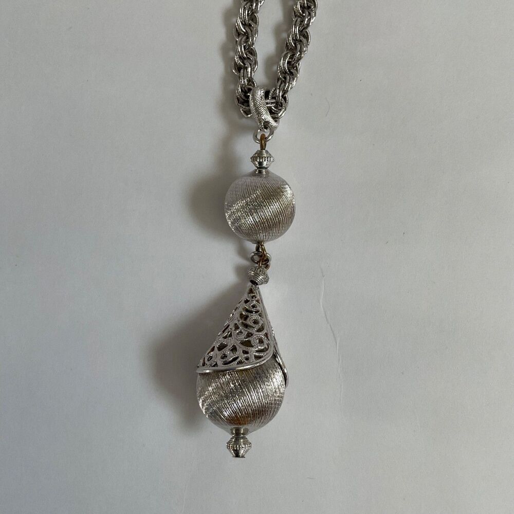VTG Monet Bolero Silver Filigree Ball Tassel Necklace Rope Chain Book Piece MCM - Picture 6 of 12